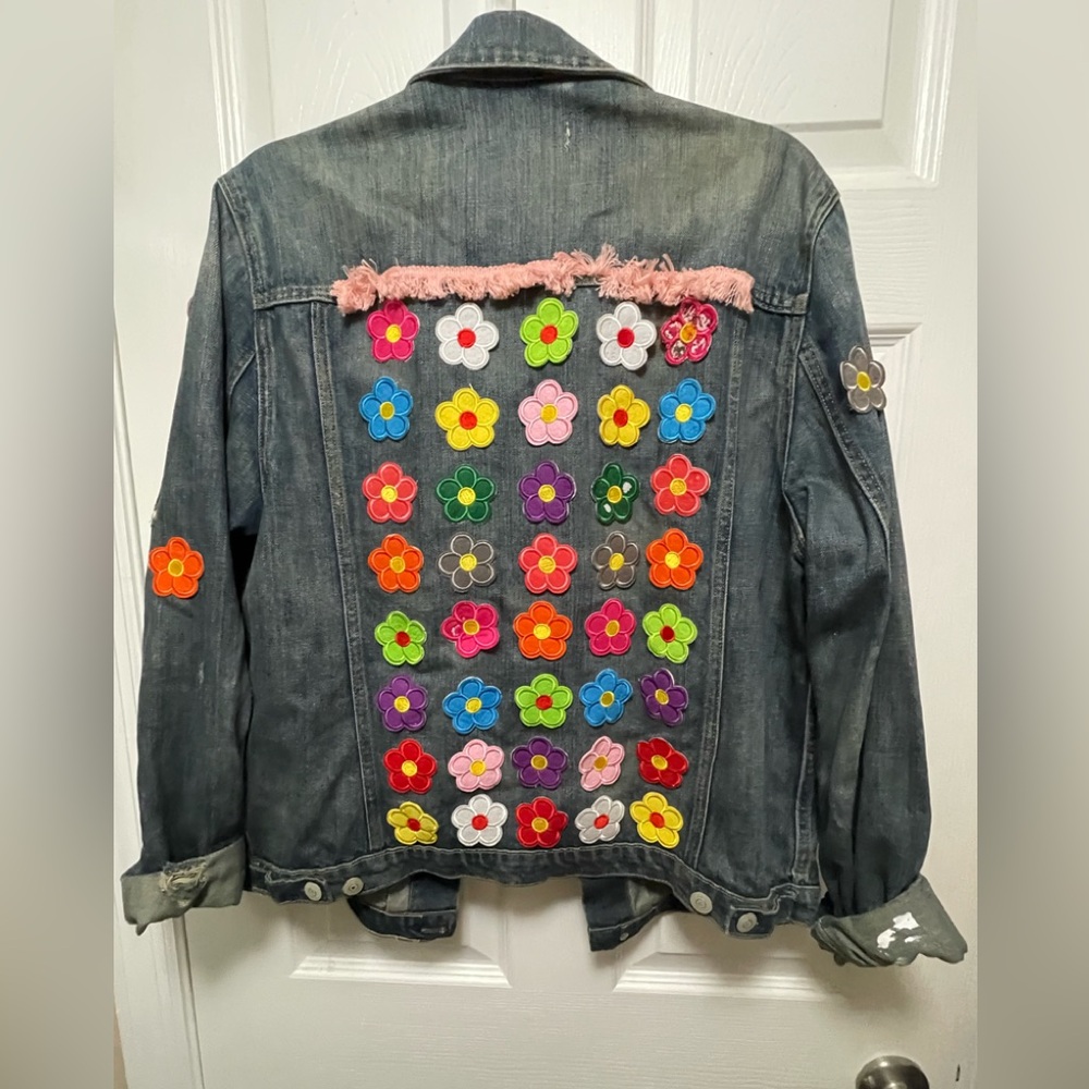 Hand Customized Denim Jacket with Colorful Flower Patches